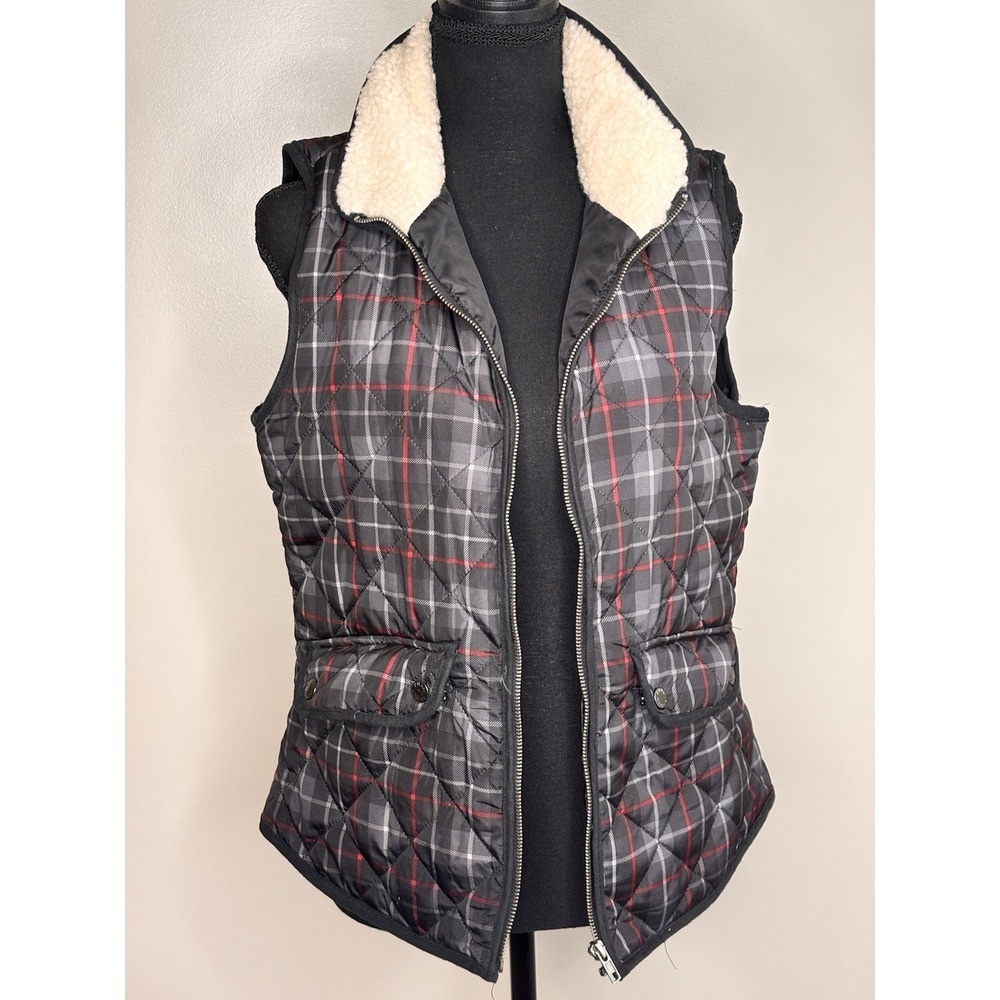 British Khaki Women's Plaid Quilted Zip Up Vest W/ Sherpa Collar Size Medium